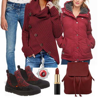 Outfit mit Rot/Dunkelrot Winter Stiefelette/Schuh Ohne Schnürsenkel/Lederjacke/Walkingschuh/Herren Lederschuhe/Chelsea Boot/Flache Stiefelette/Wasserfester Schuh/Bequemer Schuh/Winter Sneaker Think! "Ragwear jacken"