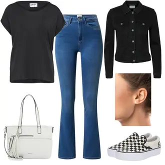 Retro Outfit mit Hellblau/Blau/Fliederfarben Schlaghose/Bootcut Pant/Flared Leggings/Ausgestellte Hose/Hose mit Schlitz/Löcherne Hose/Schlaghose Jeans/Jeans mit Schlitz/T-Shirt/High Waist Jeans Only "Bequemer Alltagslook"Look: Uni, Coole, 90er, Retro, Classic, 70er
