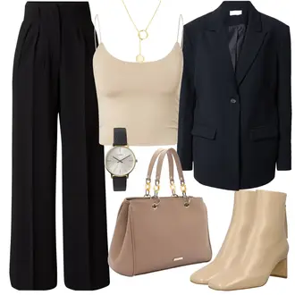 Elegante Outfits Große Größen mit Beige/Schwarz Weite Hose/Bundfaltenhose/Bundfaltenhose/Hose mit Schlitz/Palazzo Hose/Marlenehose/High Waist Hose/Anzughose/Bügelfaltenhose/Business Hose Leger by Lena Gercke "Elegantes Business Outfit"