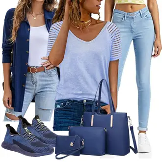 80er Outfit mit Hellblau Lederjacke/Offene Bluse/Crash­bluse/Sportliche Bluse/Kurzarmbluse/Bluse Oberteil/Einfarbige Bluse/Bluse/Schlupfbluse Dokotoo "Stylische Kombination Für Den Frühling"Look: Casual, Schön, Französische, Boho, Coole, Mom, 80er