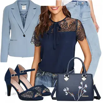 Outfit mit DunkelBlau/Blau/Pastell Schluppenbluse/Lederjacke/Bluse Oberteil/Kurzarmbluse/Spitzenbluse DIDK "Eleganter Look"