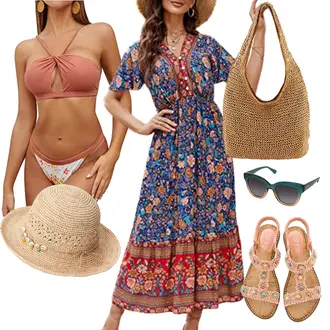 Zweiteilige Hochzeitsgast Outfit mit Rosa/Orange/Braun/Beige Vintage Bikinis/Bandeau Badeanzug/Cut Out Badeanzug/Bandeau-Bikini/Wickel Bikini/Halter-Bikini/Cut Out Bikini SHEKINI "Modisches Hawaii Outfit"