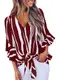Dokotoo Damen Elegant Tops Blusen Casual V Ausschnitt Shirt Gestreift Hemdblusen Freitzeit Loose Sommer T Shirt für Urlaub Rot EU 40 42 Größe M