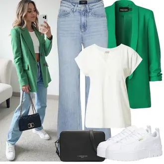 Outfit mit HellBlau/Blau Hose Große Größe/Baggy Jeans/T-shirt/Schlaghose Jeans/High Waist Jeans/Jeans-Culotte/Jeans mit Schlitz/Loose fit Jeans/Vintage jeans/Wide Leg Jean VERO MODA "Frühling outfit"