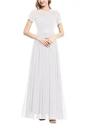 Dressystar Damen Hochzeitskleid Maxi Spitzenkleid Elegant Chiffon Partykleid Kurzarm Abendkleider Weiß M