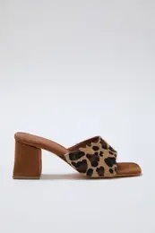 Leopard Print Block Heels Brown Women's Heeled Slippers