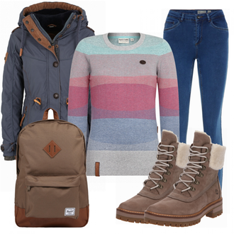 Outfit met beige Laars Timberland "Naketano"