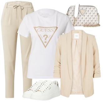 Outfit mit Weiß/Beige/Creme Sneaker Low/Leder Sneaker/Plateau-Sneaker/Schmaler Sneaker/Sneaker Mit Seitlichem Reißverschluss/Teddy Sneaker Guess "Schönes Frühlingsoutfit"