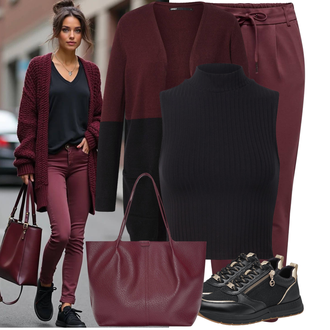 viskóza Outfit sa Tamnocrvena/Vinski Crveno/Pink/Crvena Hlača Velika Veličina Only, Crna/Tamnoplava Skraćena majica bez rukava/Majica S Visokim Okovratnikom/Muške cipele/Pleteni top/Top Bez Rukava Edited "Outfit za svaki dan"