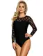 comeondear Damen Body Langarm Spitze Sexy Rundhals Oberteile Babydoll Lingerie Jumpsuit Bodysuit Einteilige Teddy Große Größe mit Knöpfe(Schwarz,XS-S)