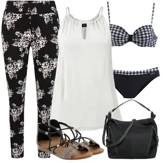 Outfit sa Crna/Pink/Bijela/Crvena Hlača s Uzorkom/Štofaste hlača/Uske Hlača/Skinny Hlače Lascana "Outfit za odmor"