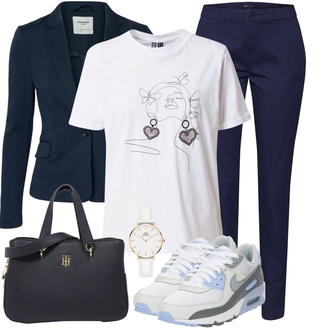 Outfit mit DunkelBlau/HellBlau/Blau Lederjacke/Blazerjacke/Blusenblazer/Boyfriend Blazer/Lässiger Blazer/Baumwoll ­Blazer/Eleganter Blazer/Strick­blazer/Kurzblazer/Sweatblazer/Lederjacke für Männer/Lederjacke VERO MODA "Alltagsoutfit"