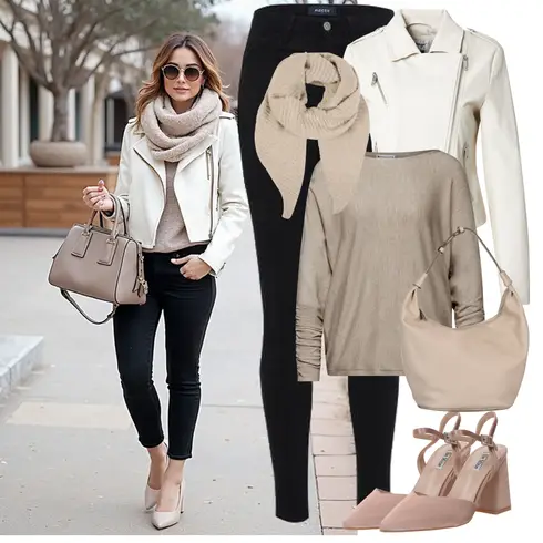 Comment poter Beige/Crème/Blanc/Kaki Manteau/Veste de Motard/Veste Courte/Veste en Simili Cuir/Veste avec Zip Latéral/Veste de Moto/Veste de Printemps/Veste d'Été Maze avec Noir Pantalon Legging Push-up/Legging de Sport/Legging en Coton/Legging en Maille/Legging Opaque/Legging Doublé/Leggings Chaud/Leggings avec Fente/Veste en Cuir/Leggings Grande Taille Pieces