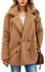 ECOWISH Damen Mantel Casual Revers Fleece Fuzzy Faux Shearling Reißverschluss Warm Winter Oversize Outwear Jacken, Kamel, EU L(40)