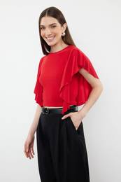 Red Sleeves Ruffle Detailed Crew Neck Stretchy Knitted Blouse