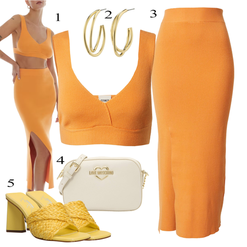 Comment poter Orange Chemisier Grande Taille/Sous-vêtements et maillots de bain pour femmes/Tricot Grande Taille/Top en Maille/Top Bustier/Débardeur Court/Top Court about you x laura giurcanu avec Jaune/Orange Jupe Longue/Jupe mi-longue/Jupe Mi-mollet/Jupe en Tricot about you x laura giurcanu