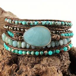 Bohemian Style Handmade Beaded Bracelet, Natural Wax Rope 5-strand Wrap Bracelet For Women