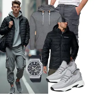 Streetwear Outfit mit Dunkelgrau/Grau/Hellgrau Vintage Hoodie/Unisex Hoodie/Hoodie/Strick Hoodie/Ausgefallener Hoodie Riverso "Freizeit Outfit"Look: Casual, Moderne, Sportlich, Streetwear, Rad, Stil, Skater, Outdoor, Workwear, Unisex
