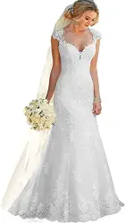 HUINI Brautkleid Hochzeitskleid für Damen Lang Standesamtliche Spitzen Brautkleider Meerjungfrau Brautmode Elfenbein 40