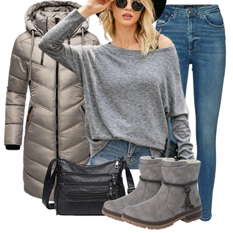 Steppung Outfit mit Grau/Dunkelgrau/Braun/Beige Leichter Mantel/Langer Wintermantel/Wintermantel/Steppmantel/Daunenmantel/Langer Daunenmantel MARIKOO "Bequemes Winter Outfit"