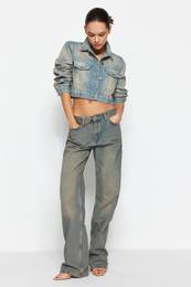 Blue Faded Effect Vintage Low Waist Wide Leg Jeans