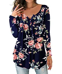 DEMO SHOW Damen Tunika Top Locker Langarm V Ausschnitt Knopfleiste Plissiert Floral Henley Shirt Bluse T Shirt (Dunkelblau, M)