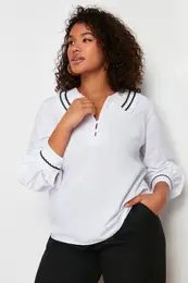 Curve White Collar Detailed Woven Blouse