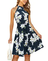 OUGES Damen Sommerkleid Neckholder Ärmellos A-Linie Kleider Blumenmuster Baumwolle Kleid Knielang Cocktailkleid（Floral07，M）