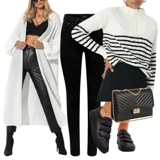 Krátká Outfit s Bílá/Černá/Oranžová Kardigan Vintage svetr/Kardigán se stojatým límečkem/Krátký svetr/Svetr s podšívkou/Svetr boucle Trendyol "Perfekt na podzim"