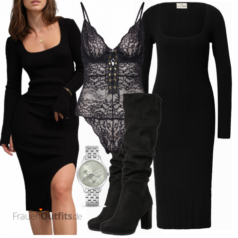 Schwarz Strick Große/Langes Strickkleid/Pulloverkleid/Rollkragenkleid/Winter Strickkleid/Kleid Große Größe A Lot Less kombinieren mit Schwarz High Heels Stiefel/Kniehoher Stiefel/Langer Stiefel/Overknee Stiefel/Spitzer Stiefel/Weitschaftstiefel About You