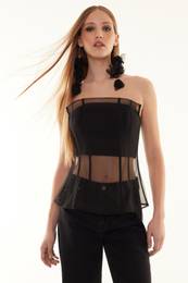 Black Corset Detailed Woven Organza Bustier
