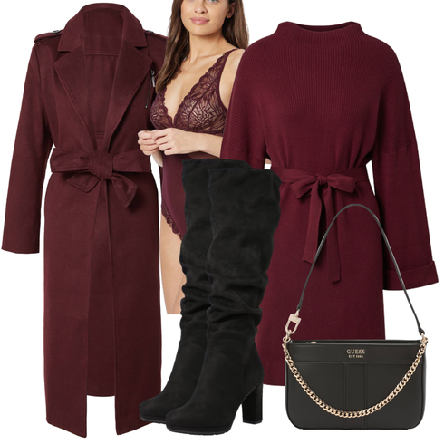 Lila/Dunkelrot/Rot/Rosa/Bordeaux Langärmliges Winterkleid/Pulloverkleid/Kleid mit Gürtel/Winter Strickkleid/Tunika Kleid/Rollkragenkleid/Langärmliges Kleid Edited kombinieren mit Schwarz High Heels Stiefel/Kniehoher Stiefel/Langer Stiefel/Overknee Stiefel/Spitzer Stiefel/Weitschaftstiefel About You