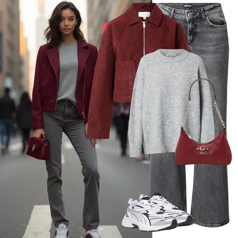 Comment poter Rouge/Rouge foncé/Violet Grande Taille Manteau/Tricot Grande Taille/Veste Bouclée/Veste Courte/Veste Courte/Veste en Laine/Cardigan Bouclé/Cardigan Court/Cardigan Col Montant/Cardigan Vintage/Cardigan d'Hiver/Cardigan en Laine Vila avec Gris clair/Gris/Gris foncé Jean Large/T-shirt/Jean Évasé/Jeans avec Fente/Jean Taille Basse Only
