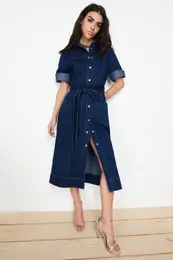 Blue Belted Maxi Denim Dress