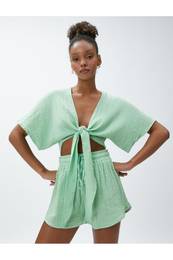 Crop Yoga T-Shirt Muslin Kimono Look Tie Detailed