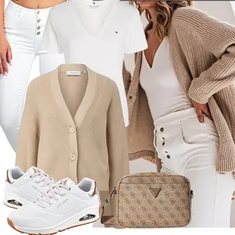 Outfit mit Weiß/Dunkelblau/Blau/Creme Wickelshirt/Poloshirt/Strickshirt/Funktions T-Shirt/Casual T-Shirt/Kurzarm T-Shirt/Ausgefallenes T-shirt Tommy Hilfiger "Modisches Freizeit Outfit"