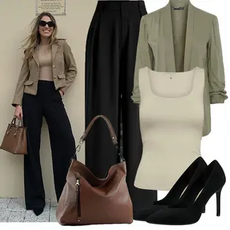 Business Outfits Büro Sommer mit Schwarz/Beige/Khaki Marlenehose/Weite Hose/Culotte Hose/Bundfaltenhose Odizli "Modisches Frühlingsoutfit"Look: Casual, Festlich, Outdoor, Büro, Business, Emo, Elegant, Edel, Classic, Trachten, Oversize, Schlichte, Schick, 20er Jahre, Workwear