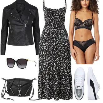 Geblümt Outfit mit Schwarz/Weiß/Blau Maxikleid/Rock''n''roll Kleid/Trägerloses Kleid/Nicki Kleid/Wadenlanges Kleid/Bedrucktes Kleid/Langes Sommerkleid/Midikleid/Ärmelloses Kleid Hollister "Cooler Look für den Frühling"