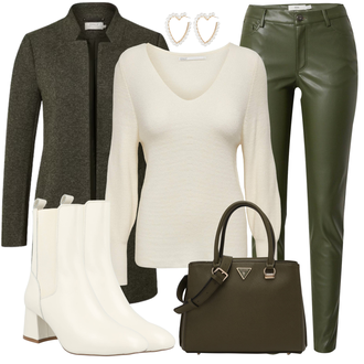 Braut Outfit mit Creme/Weiß/Beige Chelsea Boot/Cowboystiefel/Gefütterte Stiefelette/Flache Stiefelette/Lederjacke/Sommerstiefelette/Leder Stiefelette About You "Einzigartiges Freizeit Outfit"