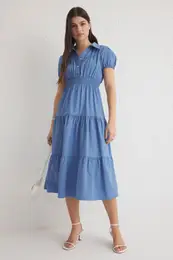 Indigo Skirt Waist Opening Gipel Midi Woven Dress