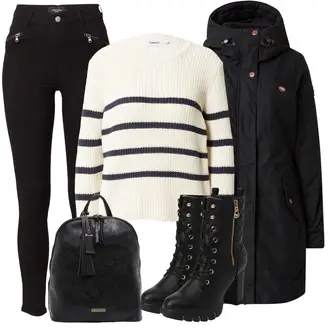 Plateau Mit Absatz Outfit mit Schwarz SchnürStiefelette/Stiefel Mit Reißverschluss/Gefütterte Stiefelette/Klassische Stiefelette Mustang "Cooles Winter Outfit"