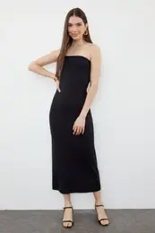 Black Plain Polyamide Strapless Fitted Flexible Maxi Pencil Dress