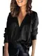 ZANZEA Damen V-Ausschnitt Langarm Satin Blusen Einfarbig Shirt Elegant Oberteile Hemd Tops 05-schwarz M