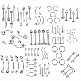 55pcs Tongue Nail Ring Set Body Jewelry Set Banana Skull Head Pierced Earrings Nose Eyebrow Piercing Ring Punk, 60pcs Stainless Steel Individual