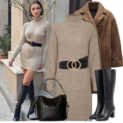 Schwarz/Braun/Weiß Klassischer Stiefel/Spitzer Stiefel/Lammfell Stiefel/ReitStiefel/High Heels Stiefel/WeitschaftStiefel/Langer Stiefel/Kniehoher Stiefel kombinieren mit Pulloverkleid/Langes Strickkleid/Winter Strickkleid B.young