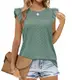 Jescakoo Tank Top Damen Ärmellos mit Rüschen Kurzarm Ösenstoff Top Damen Elegant Oberteile Sommer Rundhals Ausschnitt Bluse Damen 2024 Grün M