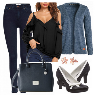 Eine Schulter Outfit mit Schwarz/Rosa/Braun SchlupfBluse/Bluse/Verspielte Bluse/LangarmBluse/VolantBluse/Offene Bluse/Crash­Bluse/Einfarbige Bluse/Bluse Oberteil Parabler "Find"