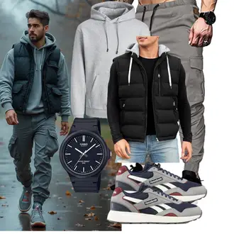 Streetwear Outfit mit Khaki/Hellgrau/Grau/Dunkelgrün Freizeithose/Sporthose/Jogger Hose/Funktionshose/Cargohose/Cargo-Jogginghose/Capri Elegancity "Freizeit Outfit"Look: Schick, Uni, Goa, Stil, Hip Hop, Techno, Coole, Workwear, Casual, Schön, Smart Casual, Moderne, Unisex, Streetwear, Nahtlos, Elegant
