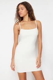 Ecru Strap Square Neck Bodycone/Fitting Flexible Knitted Mini Pencil Dress