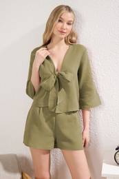 Khaki 100% Cotton Tie/Ribbon/Bow Detailed Woven Pajama Set with Muslin Shorts